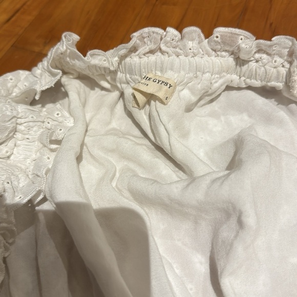 SPELL & the gypsy co white Mini dress Chain Ruched smocked eyelet sleeves - Picture 9 of 16